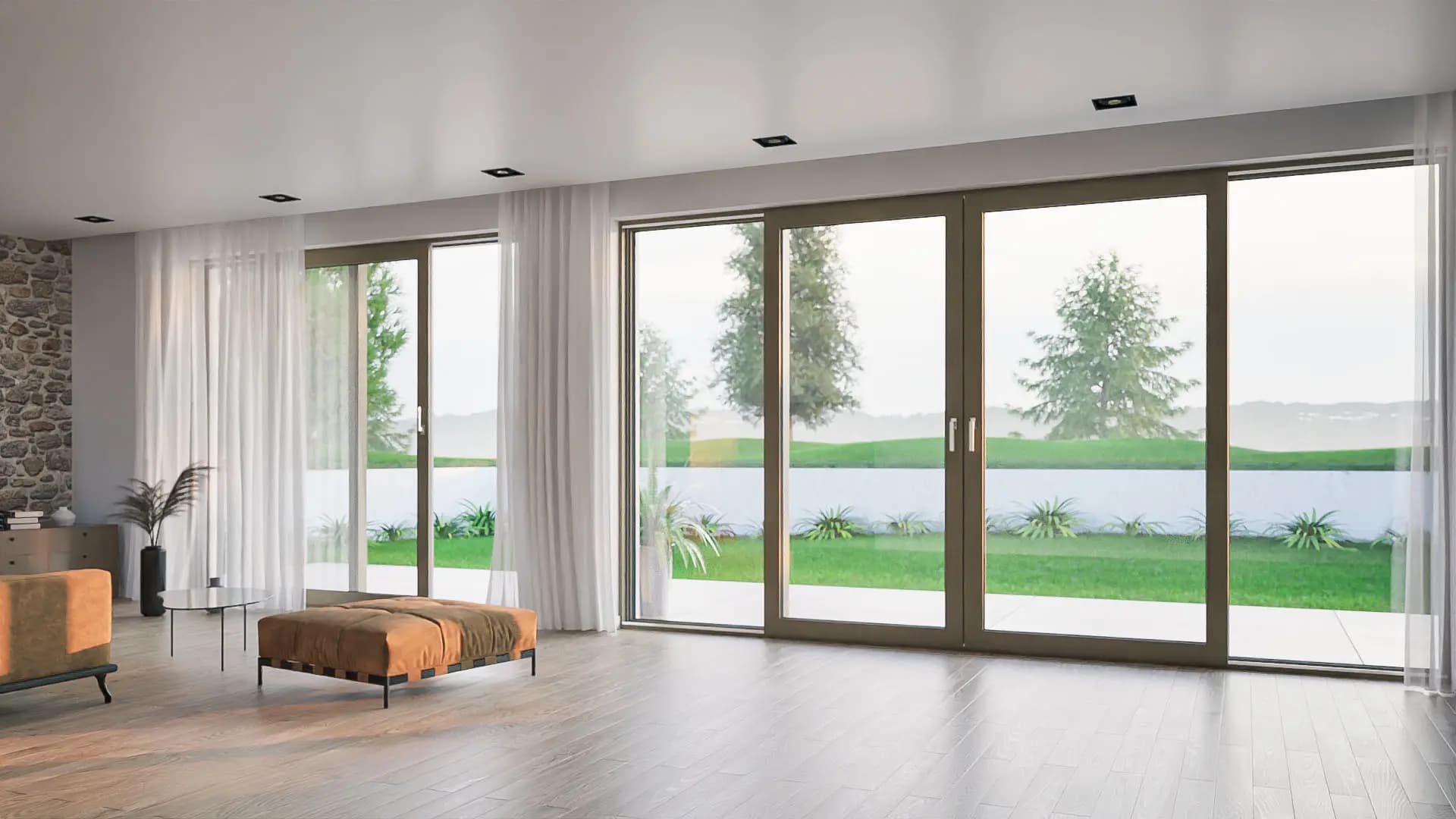 Camera con porte-finestra e vista lago al tramonto