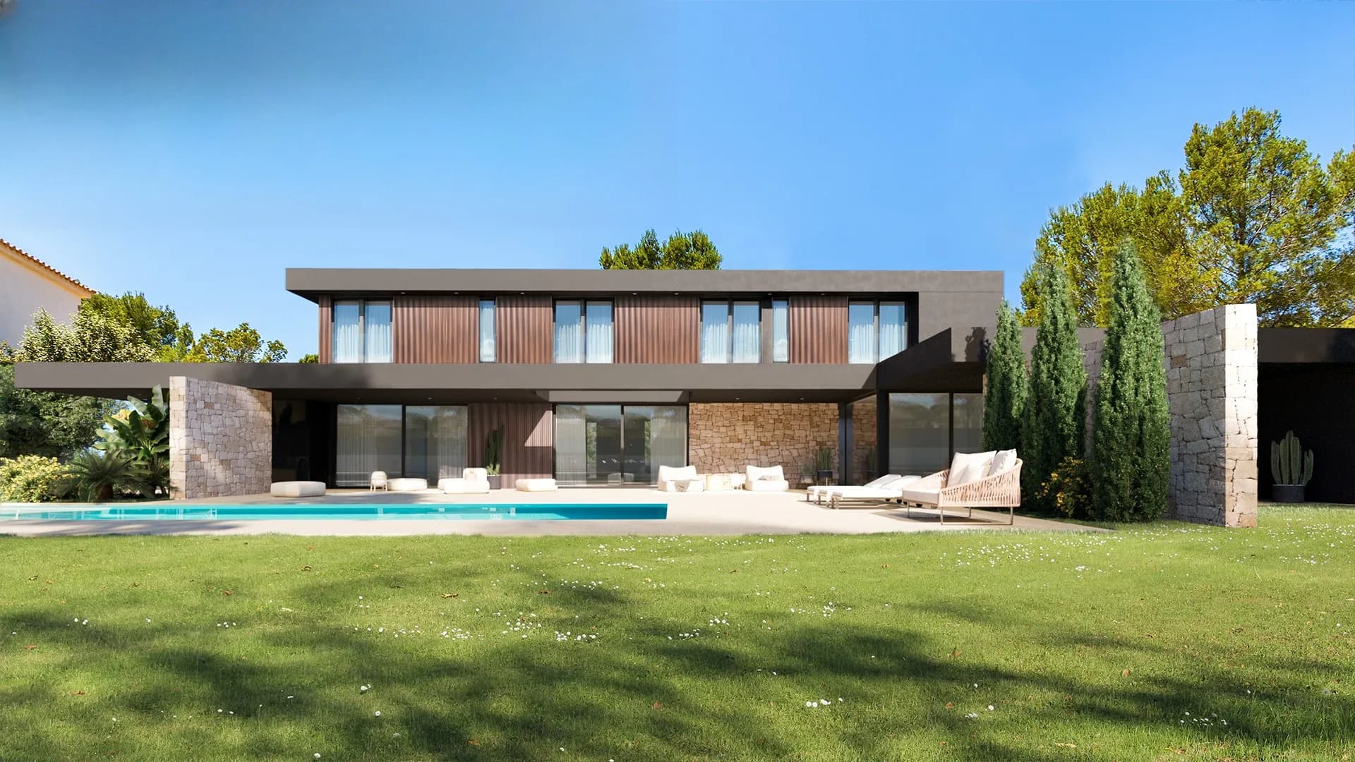 Villa Figueres — pietra naturale e legno